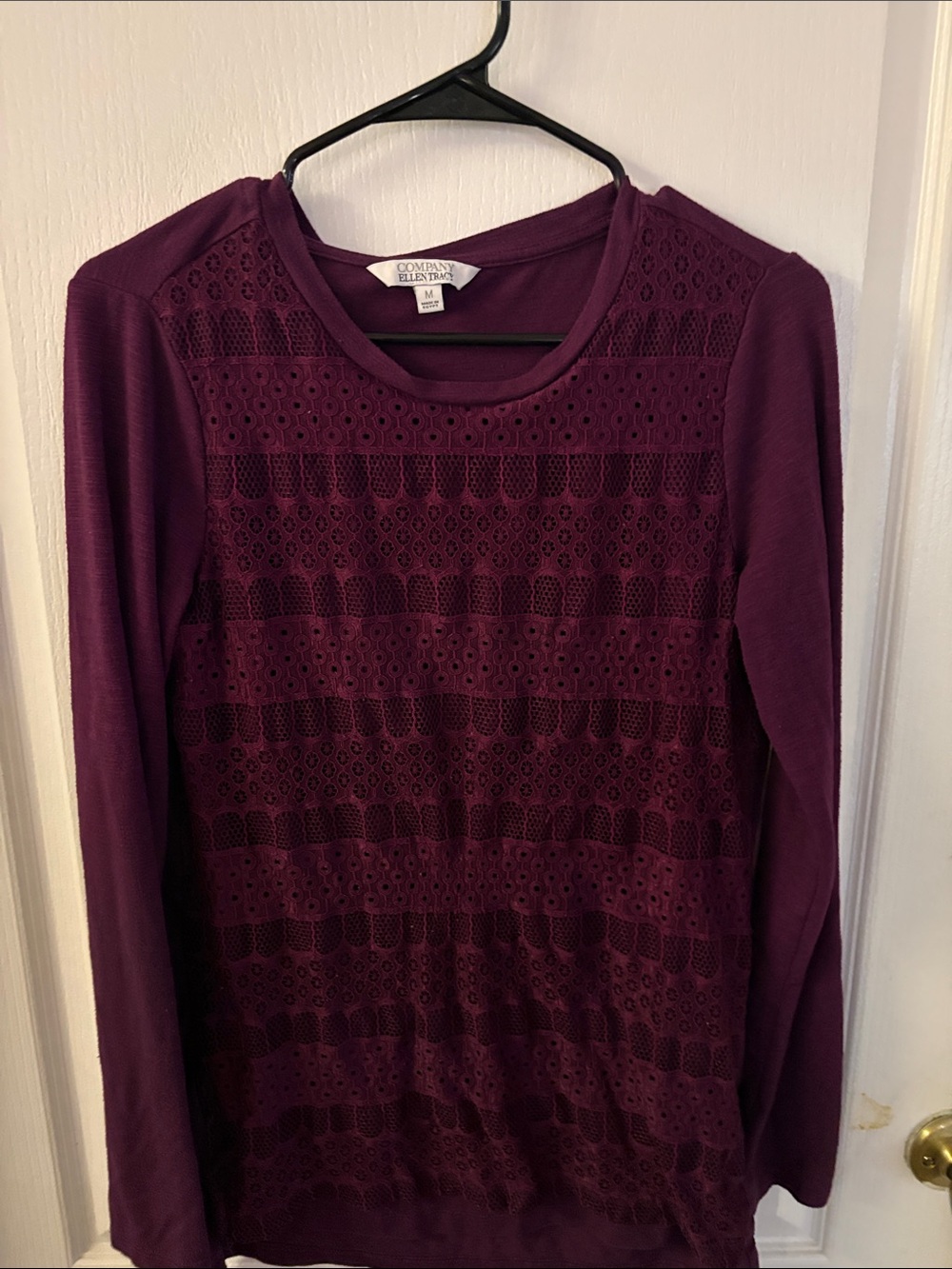 Ellen Tracy Plum Long Sleeve Lace-Front Knit Top